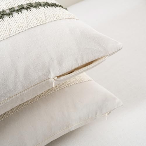 Fancy Homi Set of 2 Boho Olive Green Lumbar Decorative Throw Pillow Cover 12x20 - Image 3