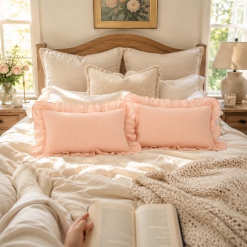 JoraLion Ruffled Throw Pillow Cover 12x20 Solid Blush Pink - Image 4