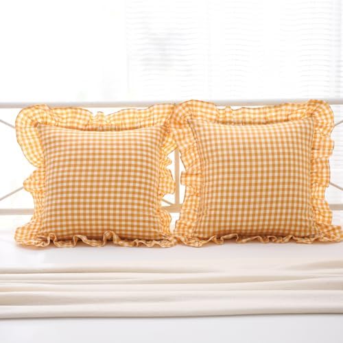 Mywinlle Mustard Yellow Gingham Ruffle Throw Pillow Covers 18"x18" - Image 2