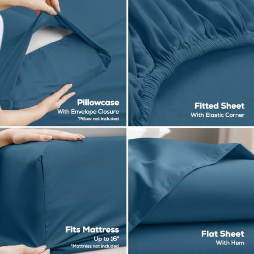 King Sheets Set, 4 Pieces 16" Deep Pocket Hotel Luxury Bedsheets, Dusk Blue - Image 3