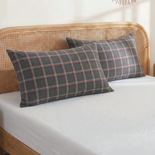 Merryword 100% Cotton Pillow Cases, Queen Size, Washed Cotton Deep Brown Plaid - Image 3