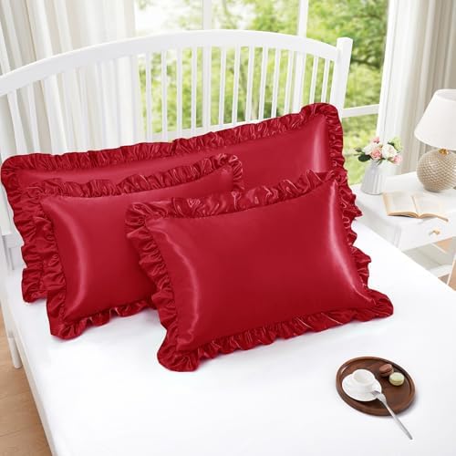 Homiest Red Ruffle Satin Pillowcase Set of 2 - Image 2