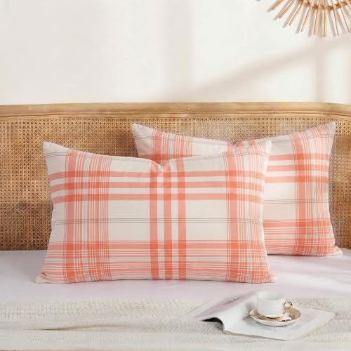 Merryword 100% Cotton Pillow Cases, Standard Size, Washed Cotton Coral Plaid by Merryword