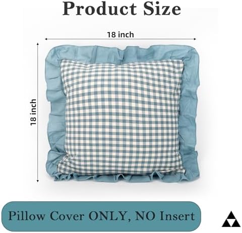 JoraLion Ruffled 18x18 Pillow Cover Gingham Smoke Blue Solid Edge - Image 3