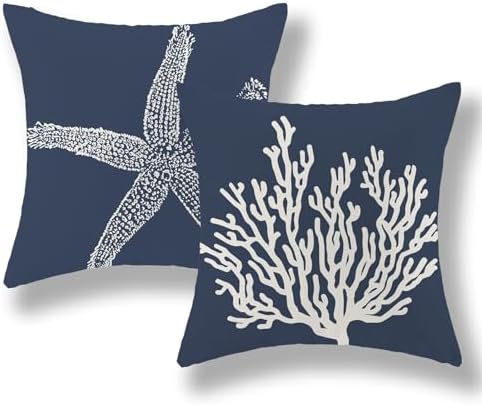 Navy Blue Coral Starfish Pillow Covers 16x16 Inch Set of 2 Coastal Throw by GOLIANDA