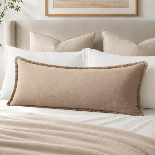 MIULEE 14x36 Long Linen Fringe Lumbar Pillow Covers Set of 1 Camel by MIULEE