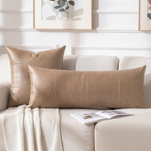 Fancy Homi Tan Long Lumbar Waterproof Faux Leather Body Decorative Throw Pillow - Image 6