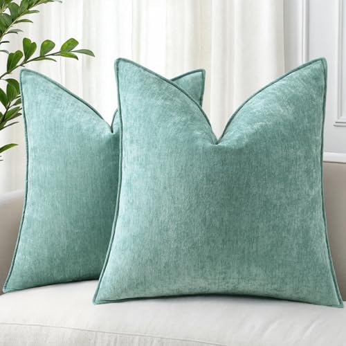 decorUhome Chenille Aqua Haze Velvet Throw Pillow Covers 16x16 Set of 2 by decorUhome