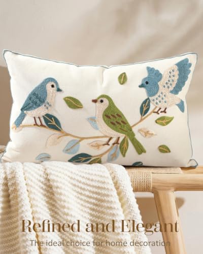 Animal Embroidered Lumbar Pillow Cover 20x12 Inch, Floral Birds - Image 5