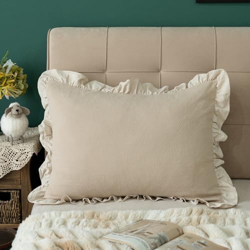 Pillow Shams Set of 2 Pure Cotton Champray Ruffled Edge, Thick and Solid Washed - Image 7