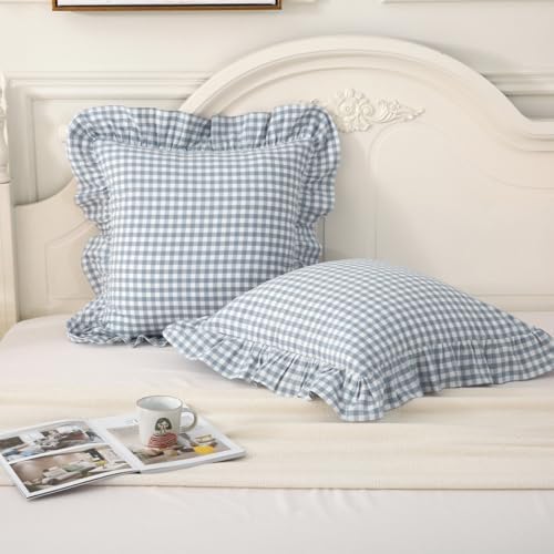 Silnuo 2 Pack Blue/White Plaid Gingham Ruffle Throw Pillow Covers 24"x24" by Silnuo