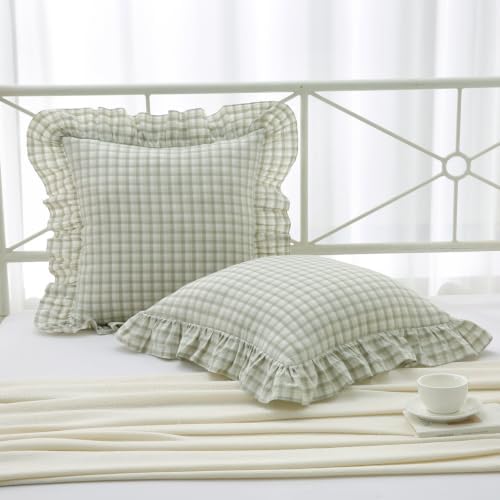 Mywinlle Gingham Ruffle Throw Pillow Shams, Muted Sage Green by Mywinlle