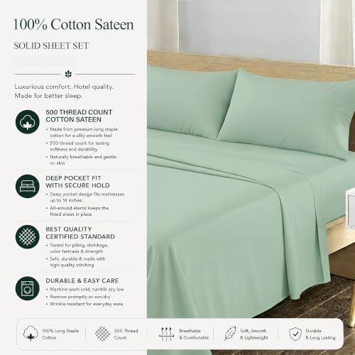 Feather & Stitch 100% Cotton Sateen 500 TC Split King Size Bed Sheet Set - Image 6