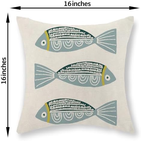 Coastal Pillow Covers 16x16 Inch Set of 2 Ocean Beach Blue Fish Throw Pillows - Image 2