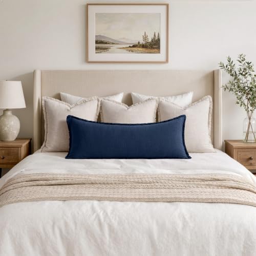 MIULEE 14x36 Long Linen Fringe Lumbar Pillow Covers Set of 1 Dark Navy - Image 2