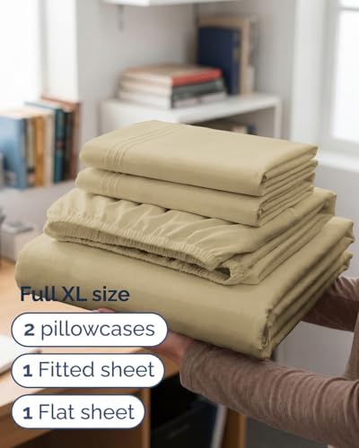 Full XL Sheets - 4 Piece Full XL Sheet Set - Breathable & Cooling - Beige - Image 3