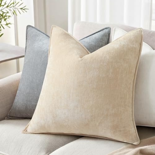 decorUhome Chenille Beige Velvet Throw Pillow Covers 22x22 Set of 2 - Image 3