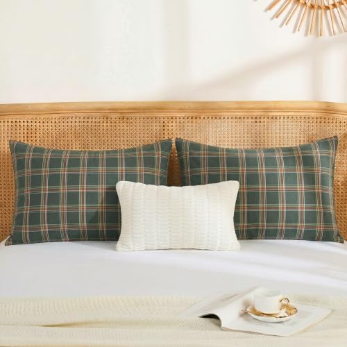 Merryword 100% Cotton Pillow Cases, King Size, Washed Cotton Deep Green Plaid - Image 4