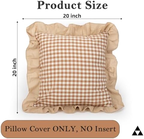 JoraLion Ruffled Throw Pillow Cover 20x20 Gingham Khaki Solid Edge - Image 3