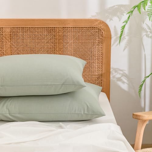 BESTOUCH Washed Cotton Pillowcases Linen Feel Sage Green Queen by BESTOUCH