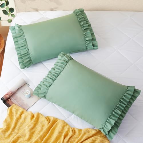 Vonty Green Ruffled Pillow Cases Set of 2, Standard Size, 20x26 Inch - Image 3