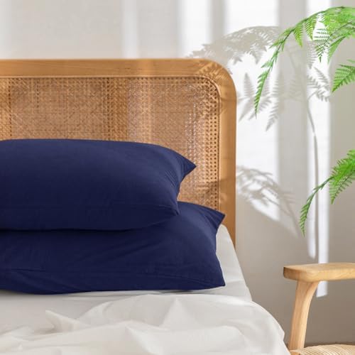 BESTOUCH Washed Cotton Pillowcases Linen Feel Navy Blue Queen by BESTOUCH