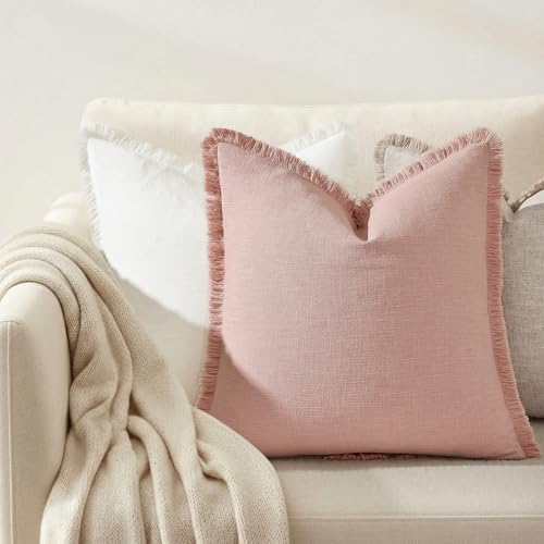 decorUhome Linen Fringe Pink Throw Pillow Covers 20x20 Set of 2 - Image 7