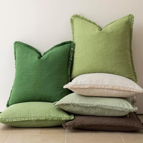 Foindtower Boho Linen Fringe Lumbar Throw Pillow Covers 12×20 Lush Green - Image 6