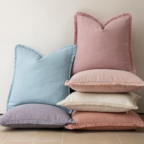 Foindtower Decorative Linen Fringe Throw Pillow Covers 18×18 Inch, Rose Pink - Image 6