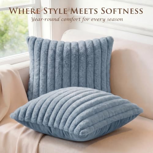 Set of 2 Decorative Throw Pillow Covers 20x12 Faux Fur Light Blue - Image 4