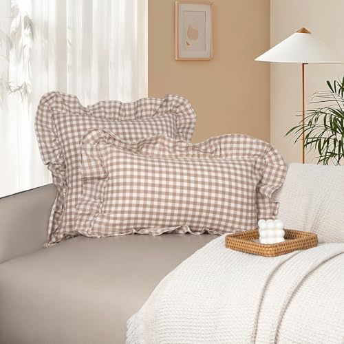 JoraLion Ruffled Throw Pillow Cover 18x18 Gingham Khaki - Image 2