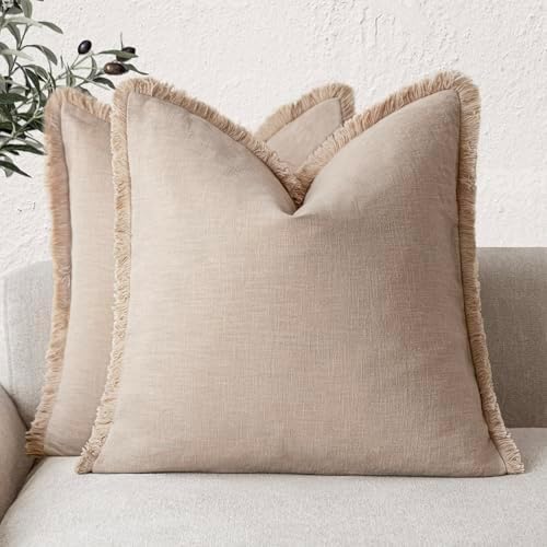 Foindtower Decorative Linen Fringe Throw Pillow Covers 22×22 Inch, Tan Beige by Foindtower