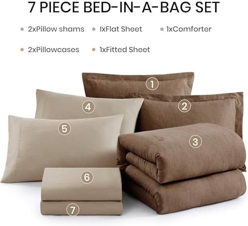 Monbix King Size Comforter Set 7 Pieces Brown Cationic Dyeing Bed in a Bag - Image 7