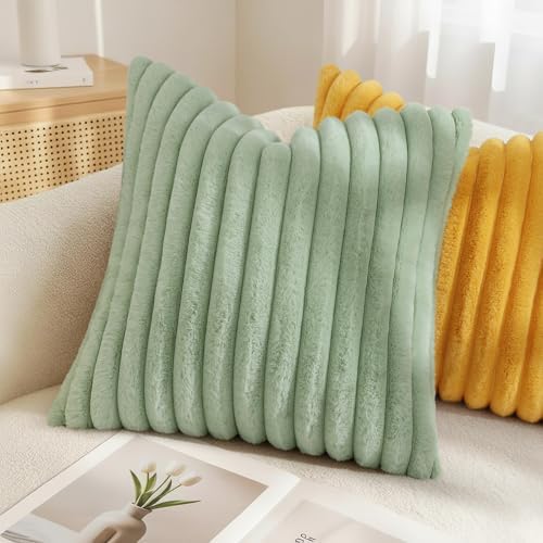 decorUhome Fall Faux Fur Throw Pillow Covers 16x16 Set of 2 Sage Green - Image 4