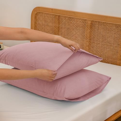 BESTOUCH Washed Cotton Pillowcases Linen Feel Red Pink King - Image 3