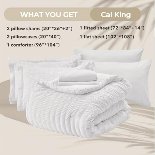 HYMOKEGE White California King Comforter Set Seersucker 7 Pieces, All Season - Image 5