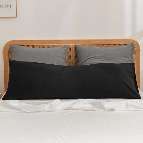 BESTOUCH Washed Cotton Pillowcases Linen Feel Deep Black Body by BESTOUCH