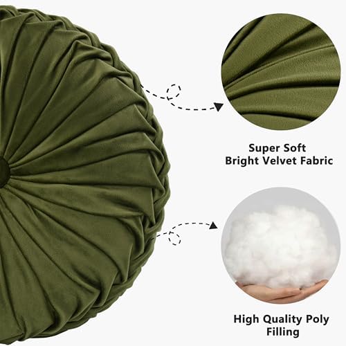HIG Set of 2 Olive Velvet Decorative Round Pleated Throw Pillows - Image 2