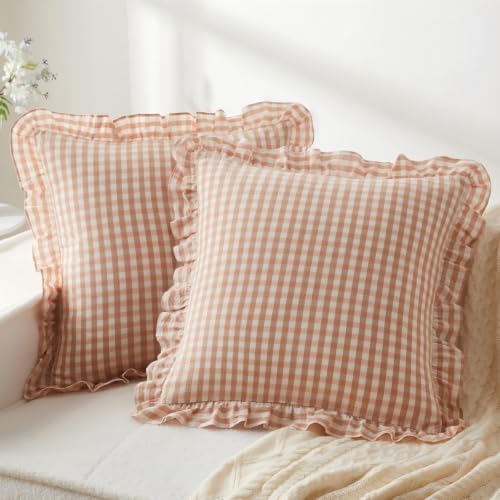 KKJIAF 2 Pcs Ruffle Gingham Pillow Covers 20" x 20", Light Pink Plaid by KKJIAF