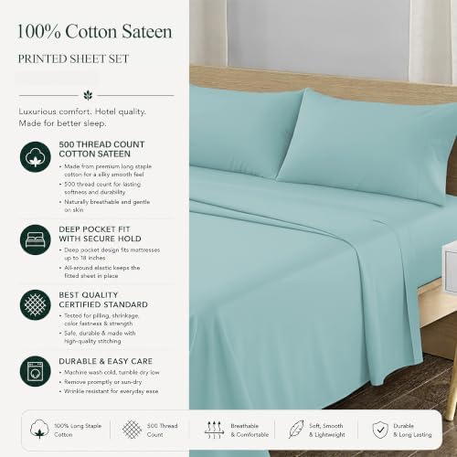 Feather & Stitch 100% Cotton Sateen 500 TC Split King Size Bed Sheet Set - Image 6
