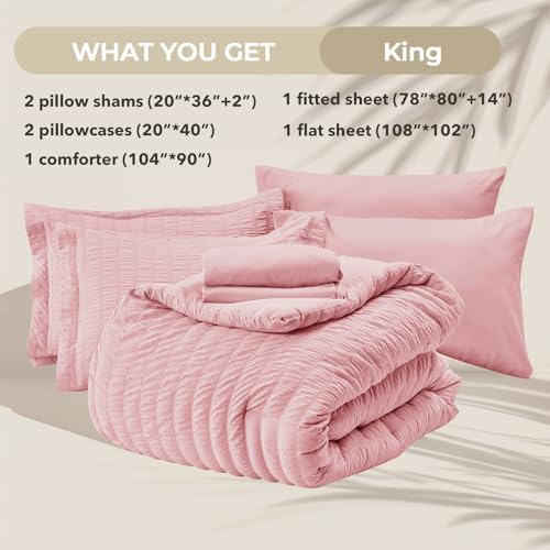 HYMOKEGE Pink King Size Comforter Set Seersucker 7 Pieces, All Season Luxury - Image 5