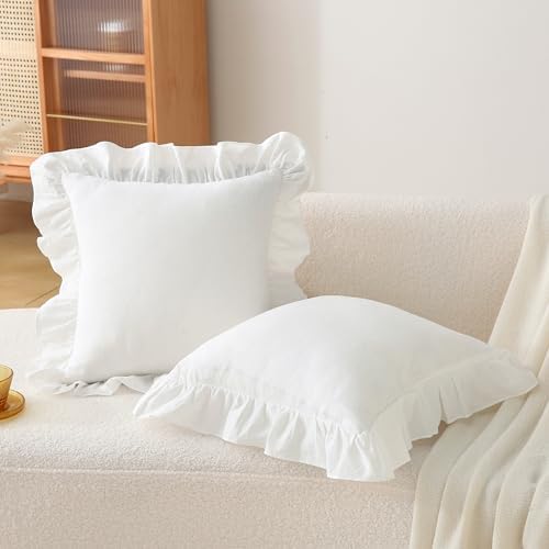 Ruffle Throw Pillow Covers 18x18, Off White Cotton - Image 2