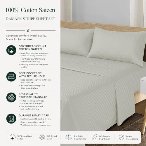 Feather & Stitch 100% Cotton Sateen 500 TC Cal King Size Bed Sheet Set - Image 6