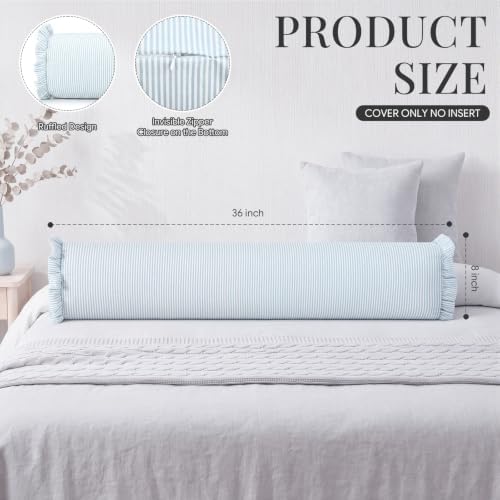 Ruffle Bolster Pillow Cover 8" x 36" Light Blue Stripes Print - Image 2