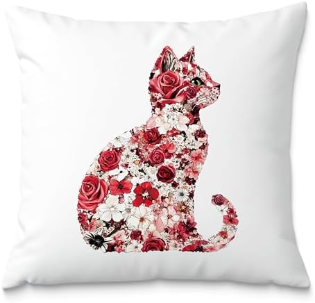 Red and White Floral Cat Pillow Covers 18x18, Gifts by Fuasei