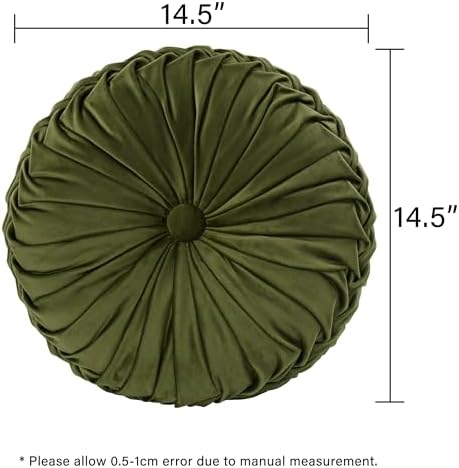 HIG Set of 2 Olive Velvet Decorative Round Pleated Throw Pillows - Image 4