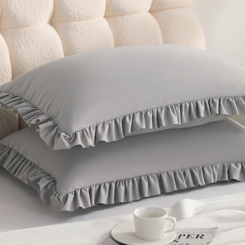 Ruffled King Pillow Shams, 2 Pack, 20x36 Inches, Light Grey by Aerlomi