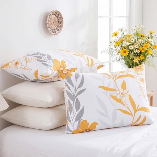 Bedorm 100% Cotton Pillowcases King Size Set of 2 Yellow Floral Pillow Covers - Image 2
