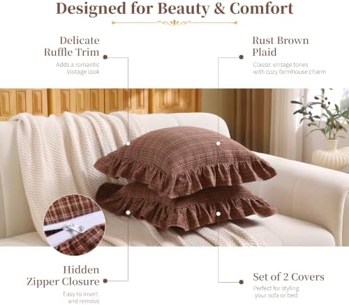 Gingham Throw Pillow Covers 18x18, Rust Red & Brown Plaid - Image 4