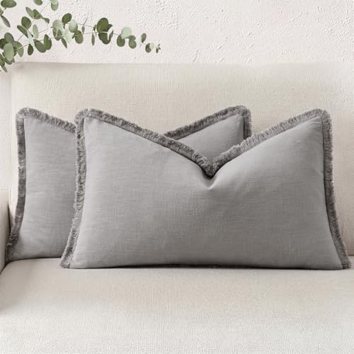 decorUhome Linen Fringe Light Grey Throw Pillow Covers 12x20 Set of 2 by decorUhome